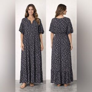 London Times Maxi Dress Woman Black Floral Size 18‎ SmockedTiered Short Sleeves